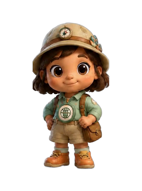Maya, a little explorer with a safari hat and a compass
